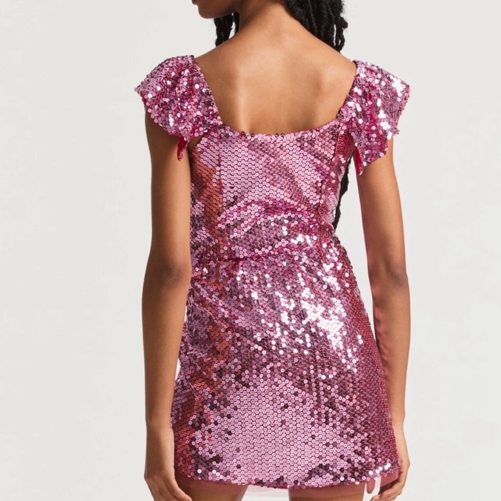 LoveShackFancy Alva pink sequin ruffle sleeve mini dress $575 with tags read - Picture 7 of 14